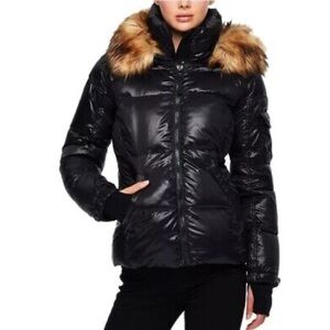 S13 Women’s Jet/Natural Faux Fur Trim Hooded Down Puffer Coat Size Medium